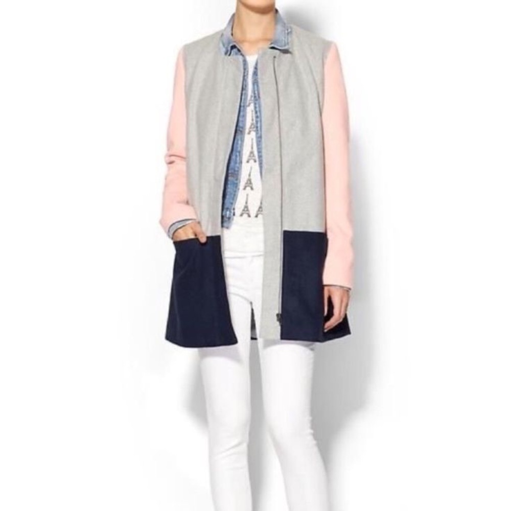 Sabine Anthropologie Layne Colorblock Coat Gray Pink Navy Size XS